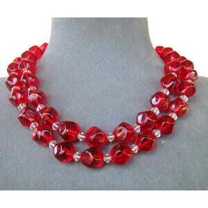 Vintage Red Lucite Beaded Necklace With Faceted Clear Accents & Gold-Tone Clasp